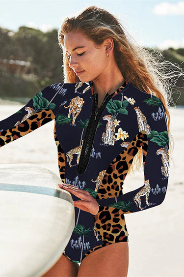 Leopard Print Long Sleeve Half Zip UPF50+ Rash Guard